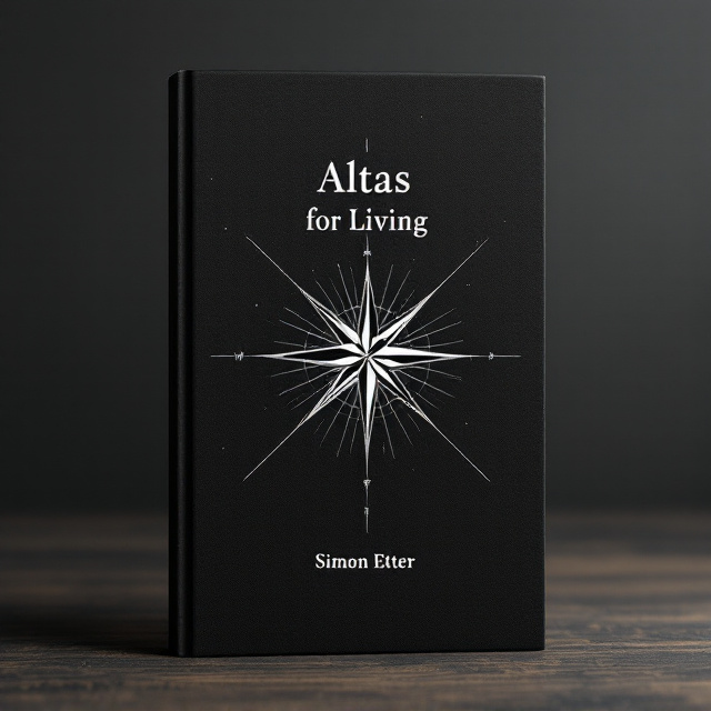 A minimalist design featuring a black and white compass rose in the center of the cover. The compass is overlaid on a faintly textured black background. Subtle, thin white lines radiate outward from the compass, giving the illusion of navigation or movement across an atlas. The title is positioned above the compass, and the author’s name is neatly placed below, both in stark white text to contrast with the dark background.