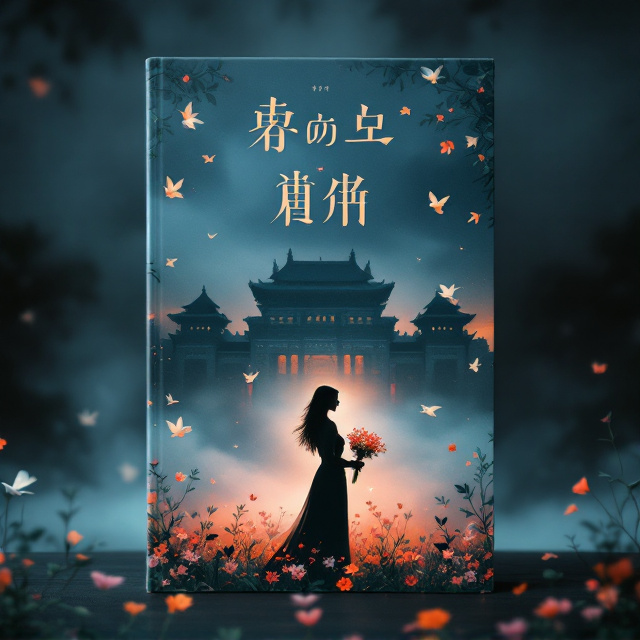 The cover features a central silhouette of a woman holding a bouquet of 格桑花 (Gesang Flowers), standing in front of a grand historical building shrouded in mist. Surrounding her are subtle doves flying in both directions, symbolizing hope and mystery. The sky transitions from a warm gradient of pink and orange near the bottom to dark tones of deep blue and black at the top, evoking the emotional contrast between romance and tragedy. Cool-toned green vines weave around the borders, enclosing the design in an intricate floral pattern.