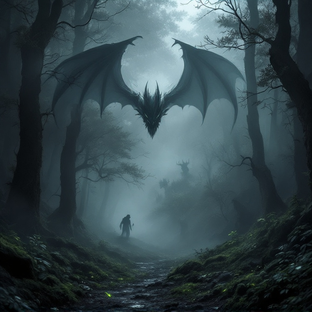 A dense, shadowy forest dominates the background, shrouded in layers of mist and soft grey tones. Emerging from the depths of the fog are ominous dragon wings, curling with sharp detail, and silhouettes of trolls lurking between the trees. The forest floor appears dark and untamed, with faint green hues glowing mysteriously amidst the shadows to evoke a sense of ancient magic.