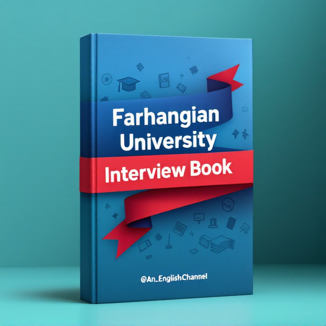 A dynamic design with a blue gradient background transitioning into green tones. A vivid red ribbon-style graphic wraps diagonally across the center, symbolizing achievement or a milestone. On the ribbon, the text "Farhangian University Interview Book" is prominently displayed in bold white font. Behind the text, there are subtle university-related symbols like mortarboards, books, and serene educational iconography in soft black. The author's name "@An_English_Channel" appears at the bottom right corner in smaller text, accented with a thin underline in red.