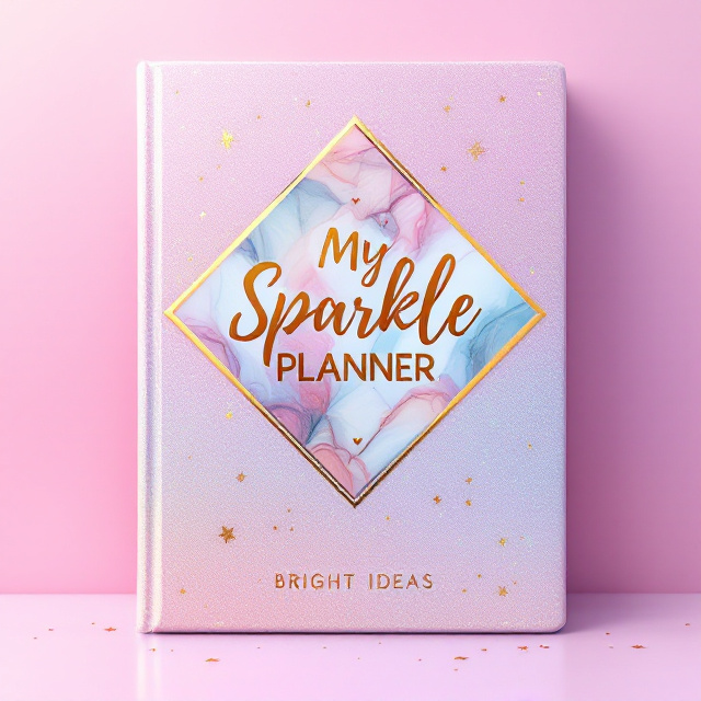 A glittery, ombre background that transitions from pastel pink to lavender, accented with holographic sparkles. A centrally positioned diamond shape filled with a marble effect serves as the focal point, with decorative elements like shooting stars and hearts floating around. The design radiates positive energy and creativity, with a clean and sophisticated look.