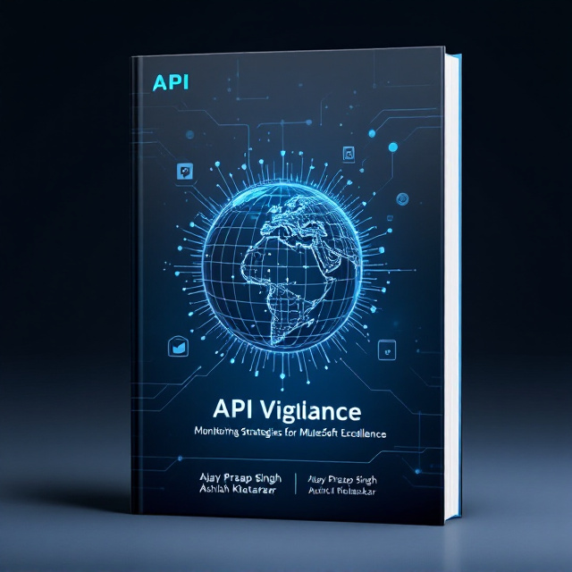 A sleek cover featuring a central glowing circuit-themed globe symbolizing connectivity and the monitoring aspect. The globe, outlined with technological blue and white grid lines, gives the impression of movement and data flow. Surrounding the globe are faint representations of API diagrams and flowcharts in the background in muted gray tones. The backdrop has a gradient color scheme transitioning from dark azure blue on the edges to light cerulean in the center, giving a futuristic, high-tech ambiance.