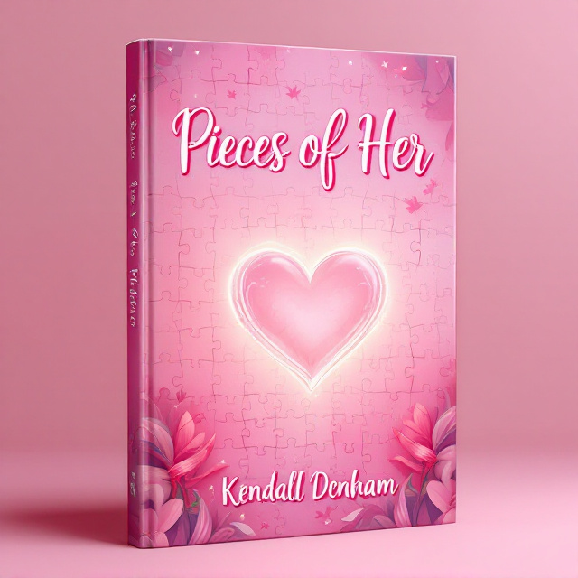 A radiant pink background gradient transitions into a soft, blush tone towards the center. In the forefront, a large, incomplete puzzle with interconnected pieces shines gently. Centered is one heart-shaped puzzle piece glowing in a bright, rosy light, perfectly fitting into its place. Surrounding the heart piece are faint illustrations of a mother and daughter intertwined in a tender embrace, softly faded but visible. The lower third includes flowing ribbons and petal-like designs to emphasize warmth and passion.