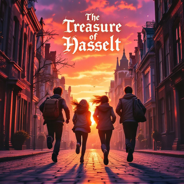 A vivid sunset washes over a cityscape inspired by Hasselt, with warm orange and pink hues blending into purples. In the foreground, two young men and two young women, all appearing around 19 years old, are frozen mid-stride as they run down a cobblestone street. They are dressed casually but with subtle hints of adventure gear (e.g., leather satchel, scarf flying behind). Small, scattered elements like a map or compass icon subtly highlight the treasure hunt theme. The city around them includes intricate, slightly blurred outlines of iconic buildings and narrow streets, adding depth.