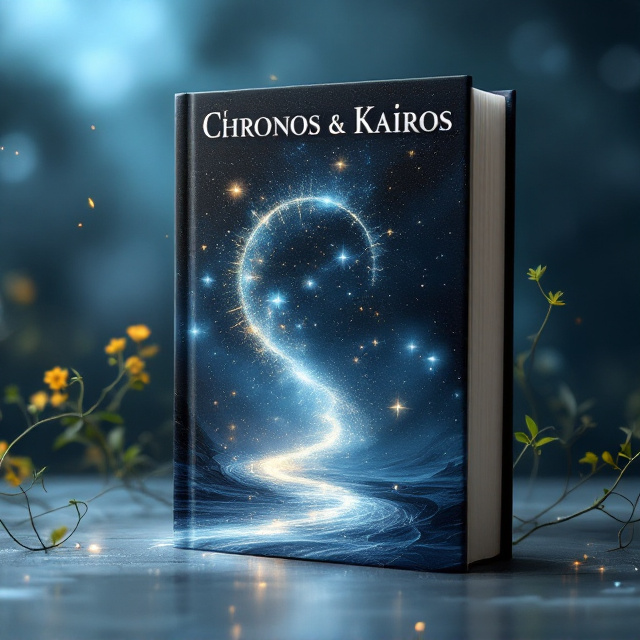 A dynamic interplay of a celestial clockwork and fleeting fireflies with an abstract human silhouette dissolving into a flowing river of starlight. The background is a gradient of deep blue fading into wisps of white near the edges, providing a dreamlike contrast. Thin, delicate vines curl around the edges of the cover, adding an organic, timeless feel. The overall mood evokes a blend of eternity and fragility.