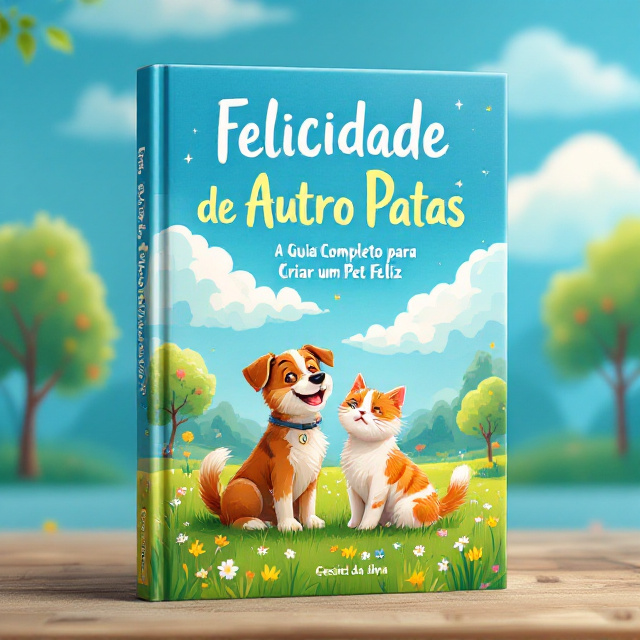 A vibrant illustration of a happy dog and a cat in a lush, green meadow occupies the center of the cover. The dog is joyfully wagging its tail, while the cat affectionately rubs its head against the dog, depicting warmth and companionship. The meadow is surrounded by trees with colorful flowers creating a lively and engaging ambiance. The blue sky with soft fluffy white clouds stretches across the background, giving a sense of freedom and tranquility. Around the central illustration, small icons such as a bowl of food, a cozy pet bed, a toy, and a stethoscope are arranged subtly to hint at elements of pet care.