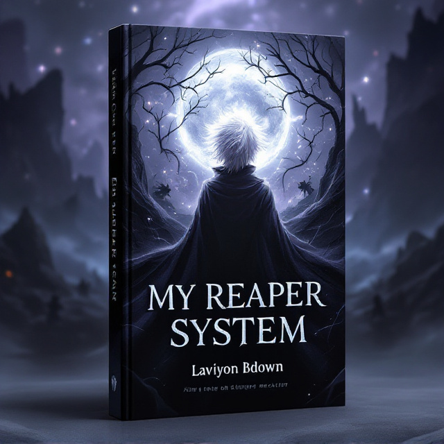 A shadowy young boy with bright, luminous white hair stands with his back to the viewer, his posture exuding a blend of mystery and power. His figure is enshrouded by a swirling, intricate shadowy aura resembling strands of dark energy that weave into the air. The background depicts a vast, dark realm with faint silhouettes of mythical creatures like dragons and reapers fading into wispy shadows. Ominous, jagged mountain peaks and a glowing silver moon add depth and otherworldly intrigue. A palette of blacks, deep purples, and silvers dominates the cover, making the white gleam of the boy's hair stark and eye-catching.
