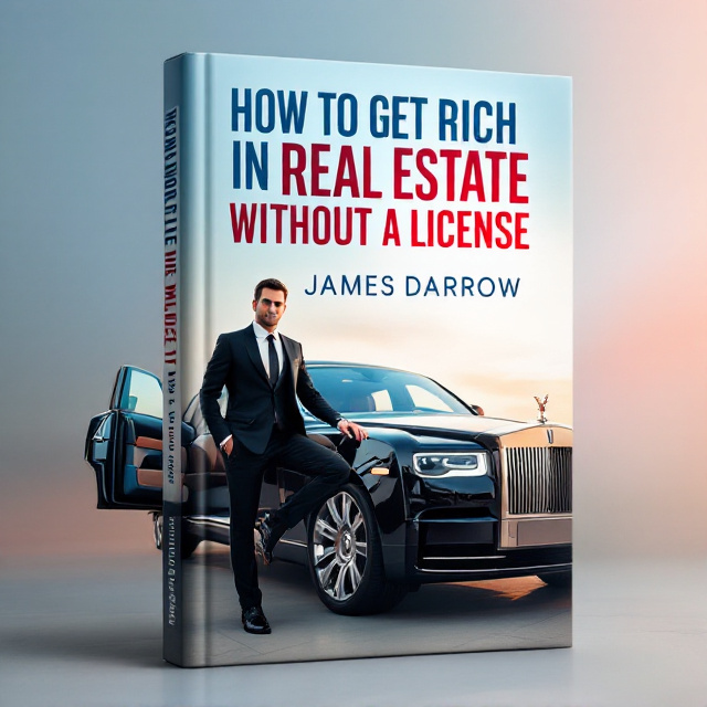 The main focus is the luxurious Rolls-Royce Phantom in soft, glossy tones. The car is angled slightly to showcase its grandeur. The left rear door is open, capturing an inviting and intriguing scene. A confident gentleman in a sharp black suit and tie stands on the driver's side with one foot resting on the front bumper, exuding wealth and assurance. The background is a soft gradient of blue transitioning to red, giving a subtle uplifting and optimistic feel. The title takes center stage at the top, visually complemented by the vivid imagery, with the phrase "WITHOUT A LICENSE" in bold and striking emphasis to highlight the unconventional approach.