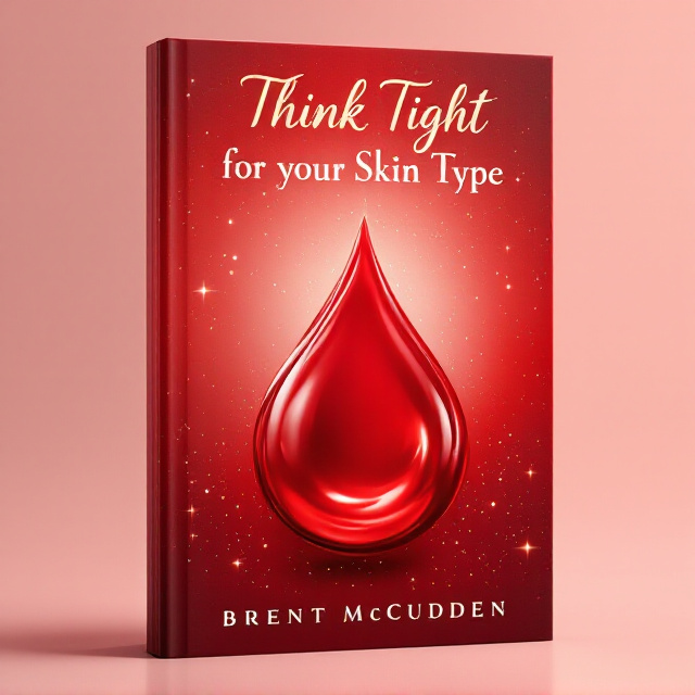 A glossy blood drop resembling luxurious creamy moisturizer is prominently featured in the center of the cover. The drop is tinted with a soft pearlescent sheen to give an impression of smoothness and beauty. The background uses gradient hues merging from deep crimson to soft beige skin tone, symbolizing the connection between blood types and skin care. Subtle sparkles are scattered across the background to evoke a sense of elegance and luxury.