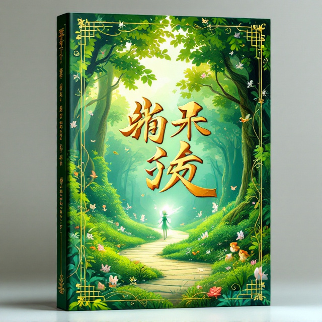 A vibrant green and gold palette dominates the cover. A fantastical forest scene fills the background, with lush, swirling trees and a whimsical pathway disappearing into the distance. A glowing, semi-transparent fairy-like figure can be glimpsed amidst the trees, adding an ethereal, magical touch. Small animals such as bunnies and birds are scattered throughout the scene to evoke a child-friendly charm. In the foreground, delicate golden vines frame the cover’s edges.