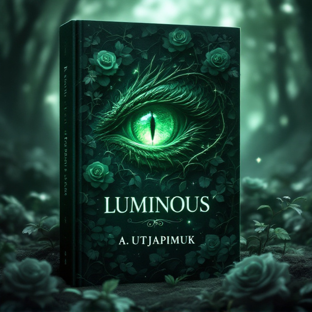 A glowing, emerald-green dragon eye with intricate reptilian texture, nested amidst shadowy roses, their delicate petals shaded in deep green and black hues. Surrounding the dragon eye are dark bushes and twisted forest vines creating an eerie interplay of light and shadow. A faint mist veils the background, with soft moonlight filtering through the thick canopy, adding a subtle glow. Shadowy figures are hinted at in the distant forest background, enhancing the whimsical elements.