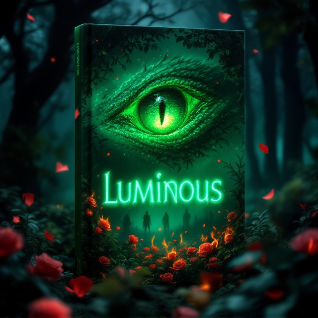 A glowing green reptilian eye dominates the central part of the book cover, framed by dense dark-green bushes. The eye is shining eerily in contrast against the pitch-black background of a moonlit forest. Small tongues of red and orange flames lick upward at the edges, blending into delicate floating rose petals that scatter across the cover. Shadows of indistinct figures loom in the background, adding foreboding mystery. Subtle mist swirls through the scene, enhancing the eerie atmosphere.
