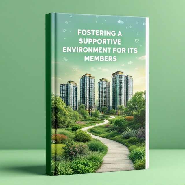 A set of modern, mid-rise buildings is prominently featured at the center, surrounded by lush greenery emphasizing the supportive environment. A pathway weaves through the landscape leading towards the buildings, inviting the viewer into the scene. Sky gradients in light green hues blend seamlessly with darker shades at the book’s edges, offering a calming vibe. A faint overlay of community symbols, such as hands shaking or interconnected circles, subtly appears in the background to highlight collaboration and unity.