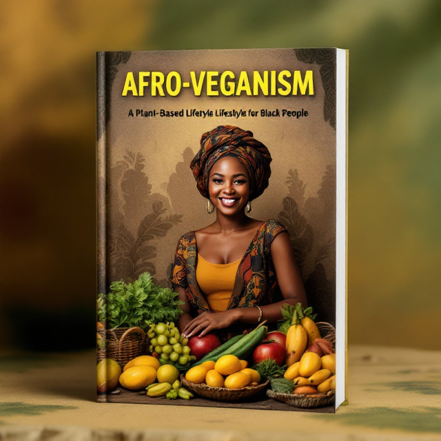 An earthy-toned background blending greens, browns, and golden hues with subtle textures resembling leaves or soil. In the foreground, a vibrant and smiling black woman wearing headwrap stands beside a spread of African fruits and vegetables (e.g., mangoes, okra, plantains) displayed beautifully on traditional woven baskets. Subtle outlines of African tribal patterns in muted color appear in the background layers, providing depth.