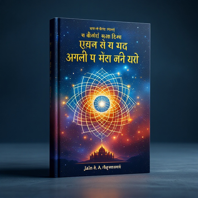 The cover features a serene and vibrant background with a blend of deep saffron and rich blue gradients, symbolizing spirituality and science. A glowing mandala design incorporating Jain symbols sits prominently at the center, representing Jain philosophy. Surrounding the mandala, abstract depictions of electrons orbiting a nucleus (protons and neutrons) are elegantly intertwined with molecular structures to signify the atomic and scientific connection. Subtle, fine lines blend the scientific elements into the spiritual graphics to provide harmony. At the bottom, a Jain temple silhouette adds a spiritual anchor.