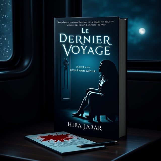 A dimly-lit train compartment under a stormy night sky. The window reveals rain-soaked glass with streaks of moonlight passing through. On the floor, a blood-stained knife lies near the open door, casting an ominous shadow. In the corner, a notebook with hurried, scribbled notes and a pen sits on the seat. A mysterious woman with jet-black hair, partially hidden in shadow, sits in the corner of the compartment. Her gaze pierces directly at the viewer, emanating suspense and intrigue. The palette includes tones of deep blue, crimson red, and black for an ominous, dramatic effect.
