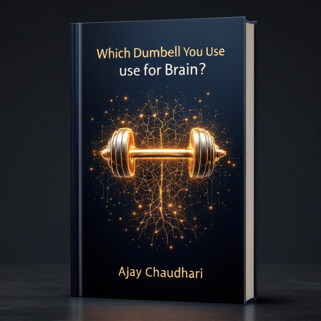 A clean, abstract visual of a metallic dumbbell intertwined with a glowing, golden neural network, symbolizing the connection between physical fitness and mental strength. The background features a deep navy blue gradient, transitioning to black at the edges, for a premium and professional appearance. Subtle sparkles around the neural network amplify its premium look.