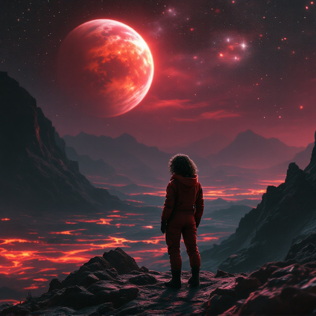A dark, apocalyptic Earth is shown in the bottom half of the cover, cracked and shrouded in a toxic red haze. Above Earth, Mars looms in the upper left corner, glowing faintly with orange and pink hues. A woman (Maisie) wearing a futuristic geoscientist suit stands close to the foreground, her back facing the reader, her face partially turned toward a man (Nathan) standing beside her. Maisie has striking curly dark hair, while Nathan has sharp features, pale blond hair, and piercing steel eyes. They are shown looking out at Earth, standing on a rocky plateau under a star-splattered sky in neutral silence, pulling from their complicated romance amid danger. The surrounding atmosphere is dark, tinged with dystopian melancholy. Dramatic lighting highlights the contours of their faces and gear.