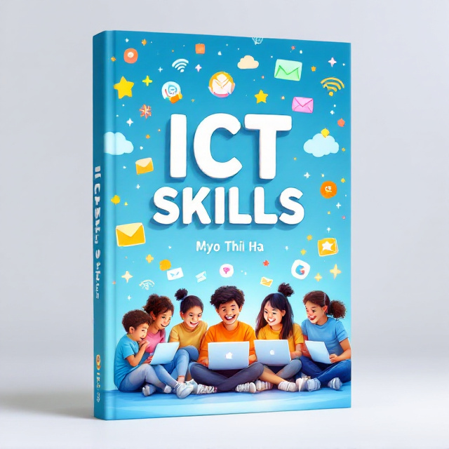 A cheerful and bright illustration of diverse, happy kids sitting together in a semi-circle, interacting with various ICT devices like laptops, tablets, and desktop computers. The kids are surrounded by vibrant, swirling, glowing digital elements, such as icons of email, cloud storage, and Wi-Fi signals, all floating in a dynamic motion in the background. A soft gradient blue background gives the cover a cohesive look, with vibrant colorful accents (yellow, orange, green) adding pops of energy.