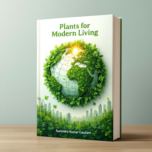 A large, intricate illustration of verdant, interconnected leaves and vines forming the shape of a globe with subtle gradients, signifying global sustainability. The globe is placed in the center on a clean, modern background. Above the globe is a radiant sun subtly fading into the lush greenery, conveying vitality and health. Faint silhouettes of modern structures blend seamlessly into the background, representing the harmony between plants and modern living.