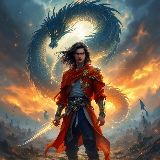 Rudra stands in the foreground at the center, his flowing hair and glowing dark brown eyes immediately drawing attention. His Knight Academy uniform in orange, blue, and white radiates with a subtle mystical sheen. His twin swords catch a mystical golden light, one glimmering on his back and the other resting at his waist. Behind him, the shadowy silhouette of a dragon coils majestically, its piercing eyes glowing faintly to symbolize his Dragon Zodiac heritage. The background features a dynamic and vibrant sky with streaks of deep blue, fiery orange, and shimmering gold. To his sides, faint ethereal figures of four Zodiacs—Rooster, Snake, Horse, and Rabbit—glow with their unique auras, blending subtly with the atmosphere. A battle-scarred battlefield stretches into the distance, layered with ruins and torn flags. The ominous emblem of the Anti-Dragon Front United is slightly visible in the lower shadows, adding tension and mystery.