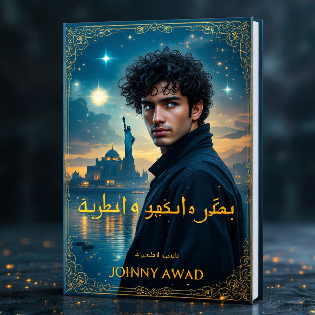 The central hero stands resolute in the foreground, his black curly hair cascading around his face, marked by two dimples and piercing blue eyes that echo the Euphrates River, which flows directly behind him. The sacred temple of Lalish sits to the left amidst soft glowing twilight, its silhouette flickering with golden accents. On the right side of the scene, the Statue of Liberty is veiled slightly in melancholic tones, symbolizing hope amidst tragedy. Further back in the cover design stands a convent cloaked in shadows, subtly illuminated by the light from a glowing star in the sky above. Ornate Arabic and Iraqi calligraphy, detailed in deep and vibrant blue tones, intricately frames the border of the book in a complex interplay of textures and artistry.