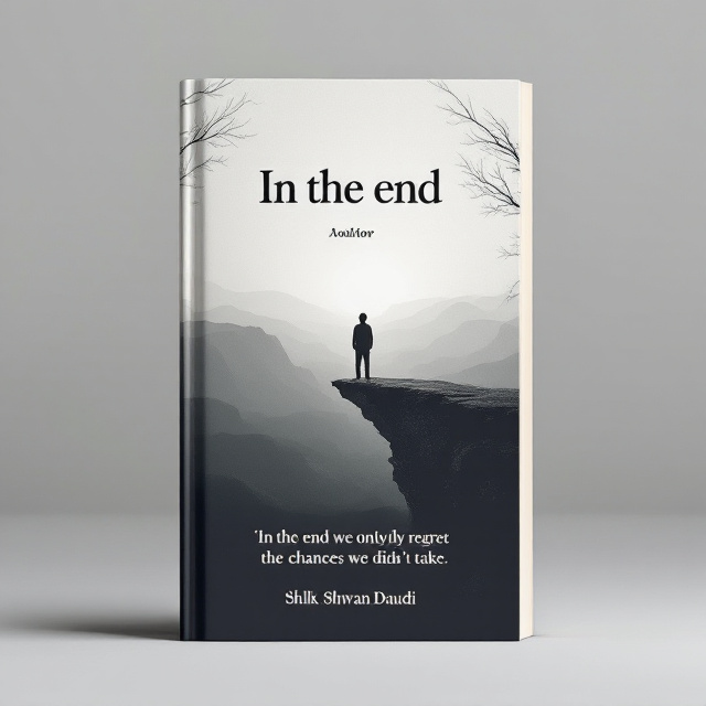 A grayscale background merging a fading horizon with subtle traces of branches, suggesting the delicate theme of ends and beginnings. At the center, a silhouetted figure stands on a cliff edge, gazing ahead into the distance, creating a sense of contemplation and quiet hope. The phrase, “In the end we only regret the chances we didn’t take,” is placed below the figure in a complementary text box, appearing almost as if etched into the environment.