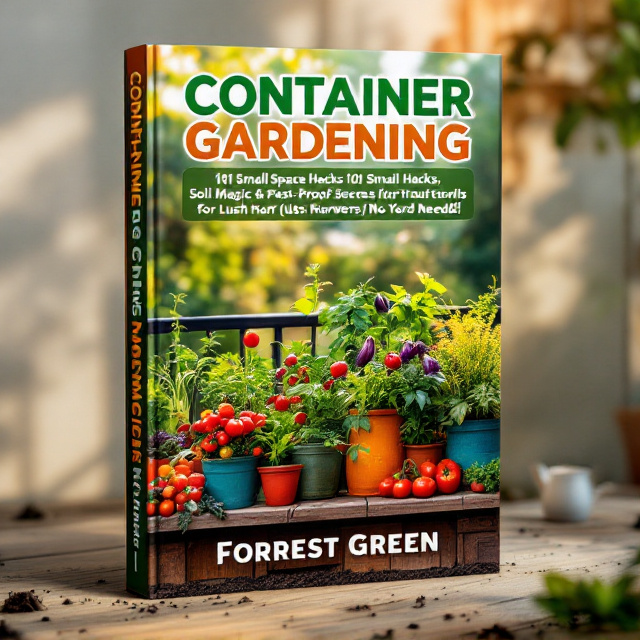 The cover features a vivid image of several colorful vases and pots arranged on a wooden ledge bursting with various plants, herbs, and vegetables. The lush greenery is contrasted with bright reds, oranges, and purples of tomatoes, bell peppers, and eggplants, creating a dynamic feeling of abundance and energy. The background portrays a cozy balcony setting and golden sunlight streaming in, symbolizing growth and freshness. Subtle accents like soil textures and a small watering can are included to deepen the gardening theme.