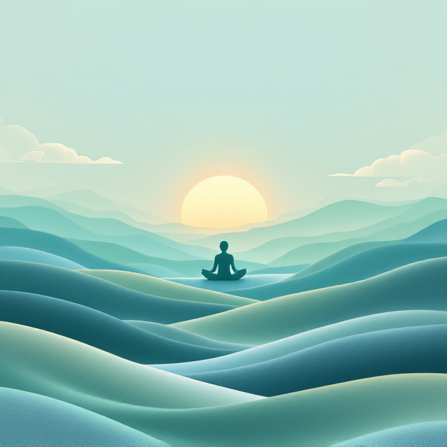 A peaceful horizon scene featuring a minimalist landscape with rolling hills in soft mint green hues. A glowing sunrise in a gradient of gold and light blue emerges gently from behind the hills. A faint, ethereal outline of a person meditating is subtly integrated in the foreground, symbolizing inner peace and mindfulness. Wisps of blended shapes resembling abstract clouds float across the sky, adding a sense of calm motion.