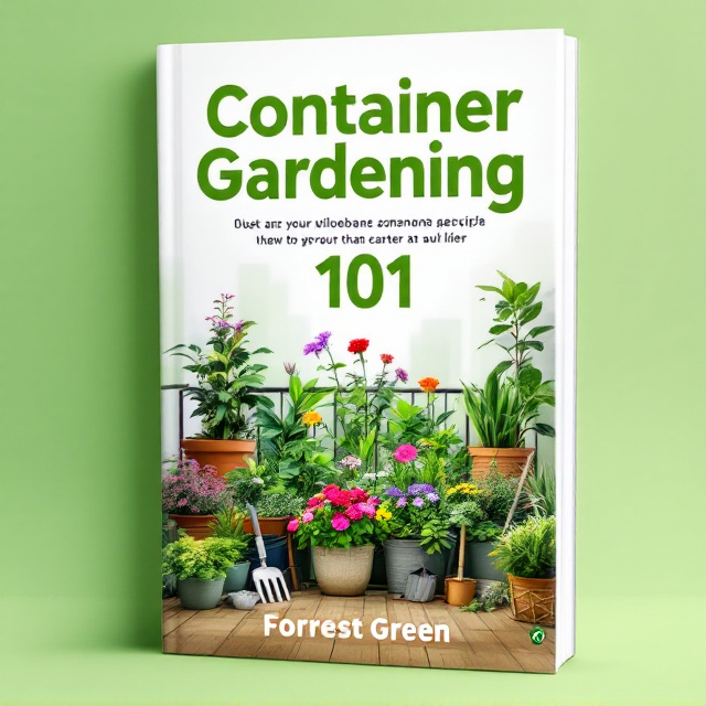 A lush container garden brimming with vibrant greenery and colorful flowers is the central focus, set within an urban balcony scene that subtly hints at city life. The background features a gradient of soft green hues fading to white, giving a fresh and airy feel. A few subtle gardening tools sit adjacent to the containers, reinforcing the gardening theme.