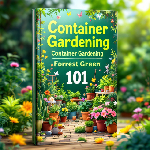 The cover radiates vibrancy with a lush container garden bustling in a sunny outdoor setting. Anime-style whimsical characters happily interacting with various potted plants, bright flowers, and gardening tools. The scene features plants spilling out of their containers, butterflies fluttering overhead, and a touch of magic in the air. Vibrant green dominates, enhanced by pops of soft pink and yellow, conveying playfulness and enthusiasm. Subtle dynamic garden scenes fill the background with colorful textures creating balance.
