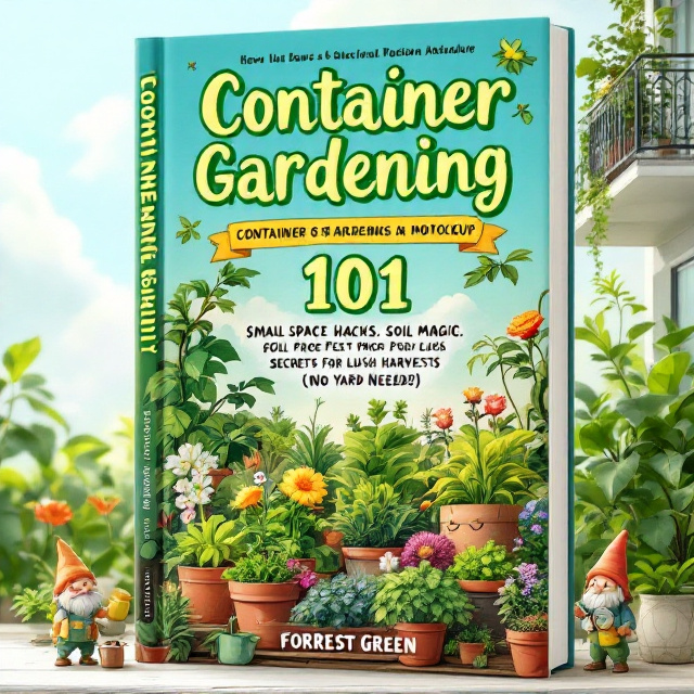 A vibrant anime-style container garden takes center stage, featuring an array of lush potted plants with vivid flowers, herbs, and small vegetables. Two whimsical characters (one cheerfully planting and another inspecting a pot with a magnifying glass) are integrated into the garden scene. Towering in the background is a modern apartment balcony lined with charming containers overflowing with greenery. A soft, glowing blue sky envelopes the scene, dotted with playful, fluffy clouds. On one corner, a small garden gnome with a watering can adds a touch of humor.
