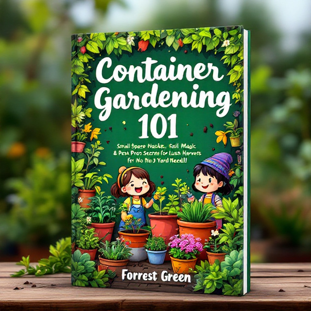 A cheerful anime-inspired garden scene fills the cover, featuring a dynamic arrangement of colorful potted plants in a variety of vibrant containers. Two whimsical, anime-style characters (one tending to plants and one holding a watering can) are incorporated into the central scene, surrounded by garden accessories like gloves, trowels, and seeds. Bright green foliage borders the frame, blending playfully into the background. The title is positioned prominently in the upper-center, with soil particles and sprouting leaves as subtle accents.
