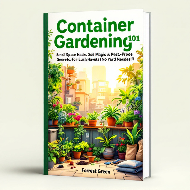 A vibrant illustration of a small urban balcony transformed into a lush garden overflowing with vibrant greens, colorful flowers, and small containers of thriving plants. A glowing, golden sunlight filters through the plants, enhancing their vibrancy. The lower portion depicts gardening tools, soil bags, and tiny pots, hinting at the practical nature of the guide. The background is soft, blending hues of green and beige to create a natural yet dynamic aesthetic.