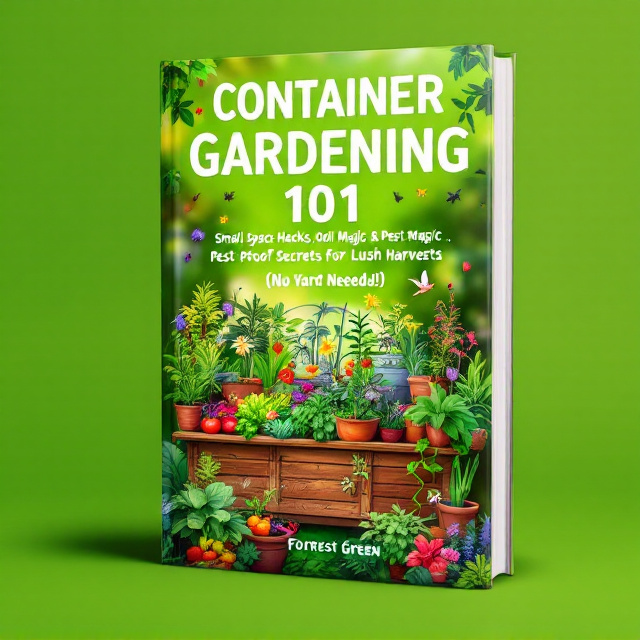 A vibrant green background features an illustrated container garden filled with various colorful plants, fruits, and vegetables. Front and center is a striking image of a small urban balcony filled with thriving plants in containers, framed by a soft sunlight glow. Subtle icons of soil particles and insects are scattered lightly across the design, implying soil magic and pest-proofing concepts. The top of the cover includes small natural elements like leafy vines curling around the title text.