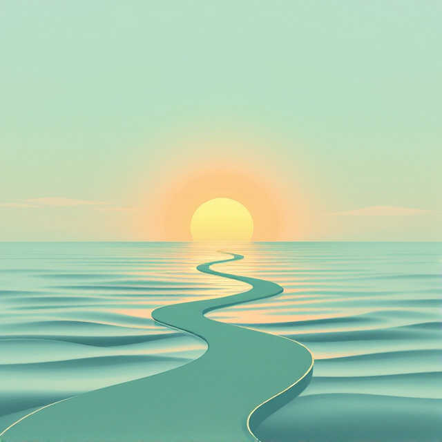A serene sunrise emerging over a calm sea, with soft waves reflecting hues of mint green and pastel orange. In the foreground, a silhouette of a winding path leads to the horizon, symbolizing a harmonious journey. Abstract minimalist lines and faint foliage patterns are subtly integrated into the background for texture and depth.