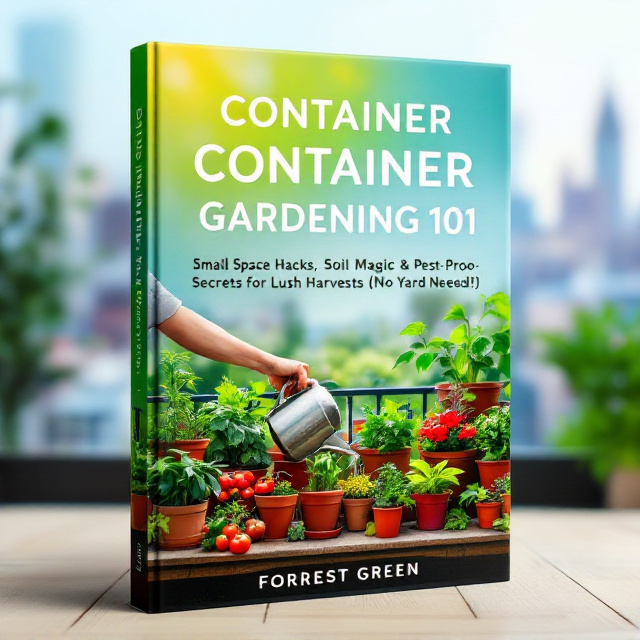 A vibrant container garden spread across an urban balcony or windowsill. Multiple colorful pots are filled with thriving plants like tomatoes, basil, and flowers. A hand with a watering can gently waters one of the pots, providing an active and relatable human touch. The background features a softly blurred urban skyline with faint silhouettes of apartment buildings, emphasizing small-space gardening. A gradient sky blue-to-green background frames the scene, creating a sense of freshness and vibrancy.