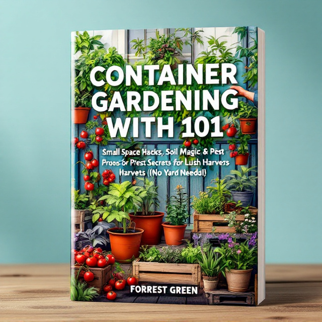A vibrant, full-color illustration showcasing a flourishing container garden. The garden is lush with various plants such as red tomatoes, green leafy herbs, and bright flowers. These plants are creatively growing in pots, crates, and vertical planters. A human hand is seen gently watering the plants with a watering can from the top right of the design. The background subtly displays an urban environment, blending a balcony railing with soft hints of windowsills and cityscape. The gradient sky-blue-to-green background enhances the overall lively feel, with a delicate leafy texture adding depth.