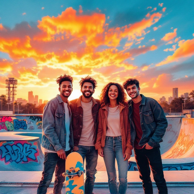 Four diverse teenagers form a tight-knit circle in the foreground, each holding or riding their skateboard in joyful, dynamic poses. Behind them, a vibrant skatepark stretches out, filled with ramps, rails, and graffiti walls. The background features a golden hour glow, streaks of red, orange, and blue blending together to create an energized youthful atmosphere. Above, fluffy clouds and a hint of a city skyline frame the scene. The colors are bright and saturated, emphasizing positivity and movement.