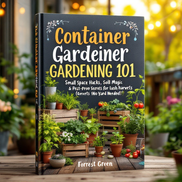 The cover features a vibrant patio scene as the centerpiece, with a variety of lush container plants arranged in an arc. Vegetables, herbs, and flowers spill out of upcycled containers like mason jars, wooden crates, and terracotta pots. A slightly blurred figure in a gardening apron is seen crouched in the corner, pruning a tomato plant. The background showcases a warmly lit, sun-soaked balcony with strings of fairy lights and a wooden railing. Key gardening icons (water droplet, sun, leaf, container silhouette) are discreetly scattered like stamps in the corners.
