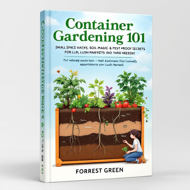 The cover features a cross-section view of an elevated container garden system placed on a small apartment balcony. The base layer showcases detailed soil stratifications along with root systems, labeled with dotted scientific lines and small captions. Beneficial insects like ladybugs and bees are illustrated in small, clear scientific representations hovering near plants. The top layer highlights various lush and vibrant plants such as tomato vines, basil, lettuce, and flowers in full bloom. A stylized character (with subtle anime-inspired features) is kneeling beside one of the containers, gently pruning a tomato plant. The background is sky blue with light, airy clouds, seamlessly transitioning into a clean white lower area, where botanical identification elements are drawn like in textbook illustrations.