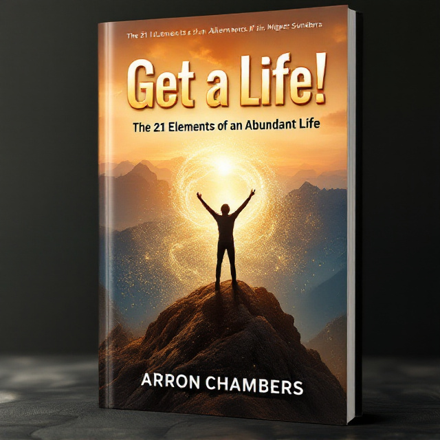 The cover features a bold mountainous landscape at sunrise, symbolizing adventure and a higher spiritual journey. In the foreground, a figure stands atop a peak with arms raised in triumph, signaling bravery and motivation. Swirling golden light or particles radiate from the figure outward, creating a divine and inspiring aura. The sky is painted with shades of orange, gold, and blue, giving a thrilling yet peaceful atmosphere.