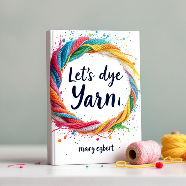 A vibrant swirl of various yarns in red, blue, yellow, and green are arranged in an abstract pattern across the cover, resembling a colorful splash. A spool of yarn prominently sits near the lower right corner with subtle dye droplets scattered around it. The backdrop is a white canvas with a watercolor effect transitioning subtly into pastel shades at the edges.