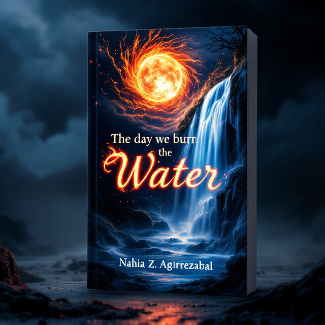 A striking scene featuring a dark, swirling sky in the background with a fiery sun glowing on one side, casting radiant light, and a cascading waterfall illuminated in soft white and blue hues on the opposite side. Fire elements emerge to twist into the water like tendrils of magic interwoven, creating a balance of conflict and harmony. The background is enriched with shadowy silhouettes of a mysterious otherworldly landscape, growing faint as the details blur into the edges.