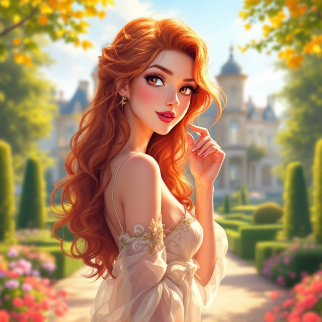 The cover prominently features the noblewoman, fun and cheery, standing in the foreground. She is looking back over her shoulder with a mischievous expression, gently touching her cheek with her finger. Her ginger hair cascades down in soft waves, glowing vibrantly in the daylight. Her ruby-red eyes sparkle with emotion, perfectly matching her pale, porcelain-like complexion. Behind her is a grand duke’s manor, elegant and majestic, basking in warm daylight. The manor is surrounded by trimmed hedges and flowers, giving it a luxurious yet welcoming feel. The anime art style is characterized by bright, vivid colors and meticulous detailing.