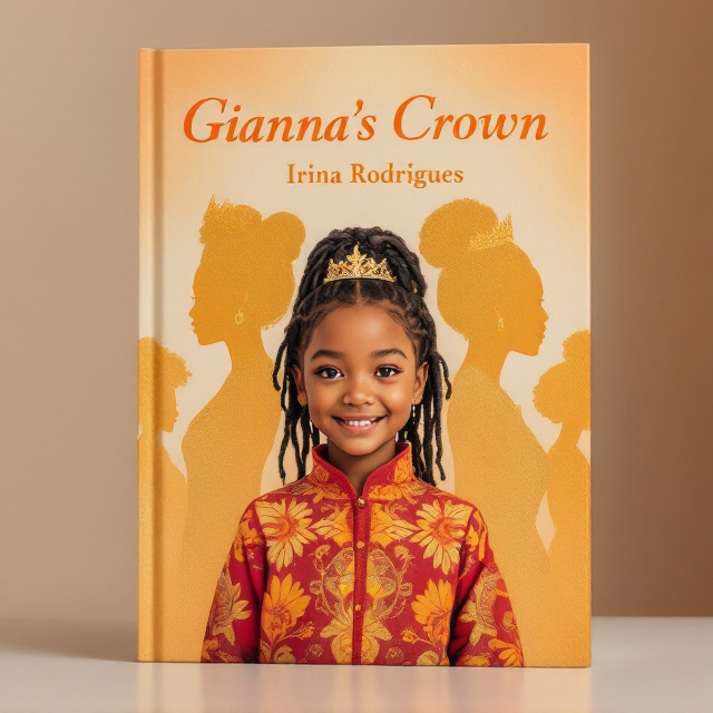 Gianna stands proudly in the foreground, her face glowing with joy and pride. Her outfit is a vibrant mix of red, orange, and yellow tones, with intricate patterns. Behind her, softly faded golden silhouettes of poised regal women are arranged in a "V" formation, creating a visual sense of lineage. Each silhouette features distinct hairstyles—braids, locs, and afros—with subtle details to emphasize uniqueness while maintaining a glowing appearance. The background transitions from a muted warm gradient (soft peach to amber) at the top to deeper shades near the bottom, giving depth while keeping the childlike vibrancy intact.