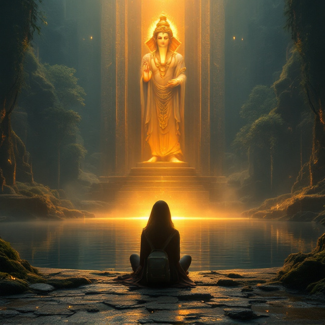 The focal point of the cover will be the 22-year-old girl sitting on the ancient pool’s edge, surrounded by dark mystical tones with an intricate vintage landscape in the background. Her small backpack subtly signals her modern identity, contrasting with the aged atmosphere. Her hands ripple softly in the golden water, which glows and reflects under a towering Ganesha statue. In the distant background, a mysterious man cloaked in Kediri royal attire stands enveloped by blazing golden light, his face shielded, adding an enigmatic aura. The pool is surrounded by weathered stones, moss-covered terrain, and wispy light fog for dramatic effect.