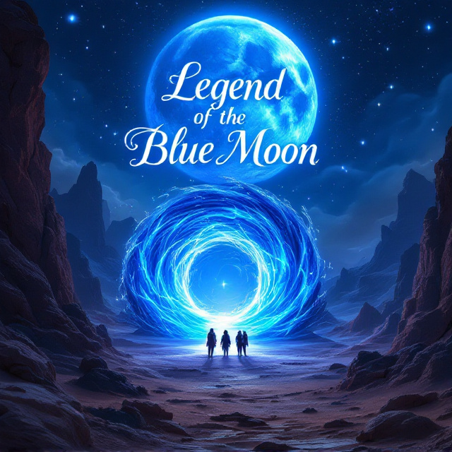 A vibrant, nighttime desert valley illuminated by a glowing blue moon hangs low in the sky. Below the moon, a swirling magical gateway appears—its ethereal tendrils radiating in shades of sapphire and silver, inviting the viewer to step into its mysterious glow. The desert landscape has rugged rocks and subtle dunes bathed in moonlight. Silhouettes of the heroine and her friends stand on the edge of the gateway, their gazes fixed on the magical opening. The stars in the sky subtly form the shape of mystical runes, adding a touch of fantasy atmosphere.