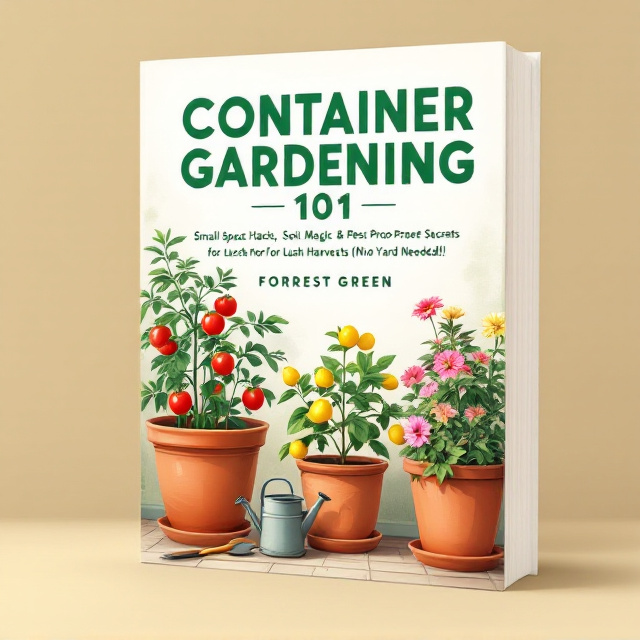 A vibrant illustration of three terracotta pots placed diagonally across the bottom half of the cover. One pot contains a thriving tomato plant with ripe red fruits, another holds a lemon plant bearing small yellow lemons, and the third is an ornamental petunia in full bloom. A watering can and a trowel are placed artfully in the foreground. In the background, soft shades of pastel green and beige create a tranquil setting reminiscent of a sunny corner of a balcony or patio.