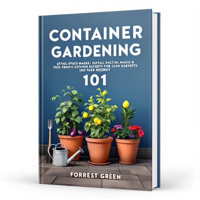 The cover features a clean, minimalist scene with a blue electro gradient background fading from dark at the bottom to lighter towards the top, evoking tranquility and energy. Centered at the bottom are terracotta pots containing illustrated tomato vines, eggplant, a small lemon tree, and blooming petunias. A metal watering can and a trowel sit to the left as accents, balancing the composition. The plants have a lush, vibrant look with rich greens and pops of reds, purples, and yellows.